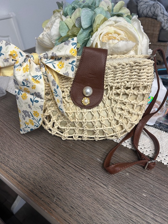 Handbags - Woven Straw Crossbody Bag with Brown Leather Trim